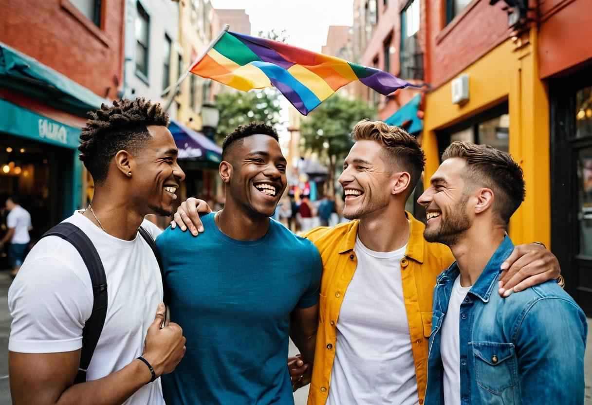 A deep and introspective scene depicting a diverse group of straight men sharing intimate moments, such as laughter and candid conversation, set against a colorful urban backdrop reflecting gay culture. Incorporate subtle symbols of acceptance and friendship, like rainbow colors and pride flags, intertwined with elements of personal growth and connection. Show a mix of facial expressions that convey emotions ranging from joy to vulnerability, emphasizing authentic interactions. super-realistic. vibrant colors. urban setting.