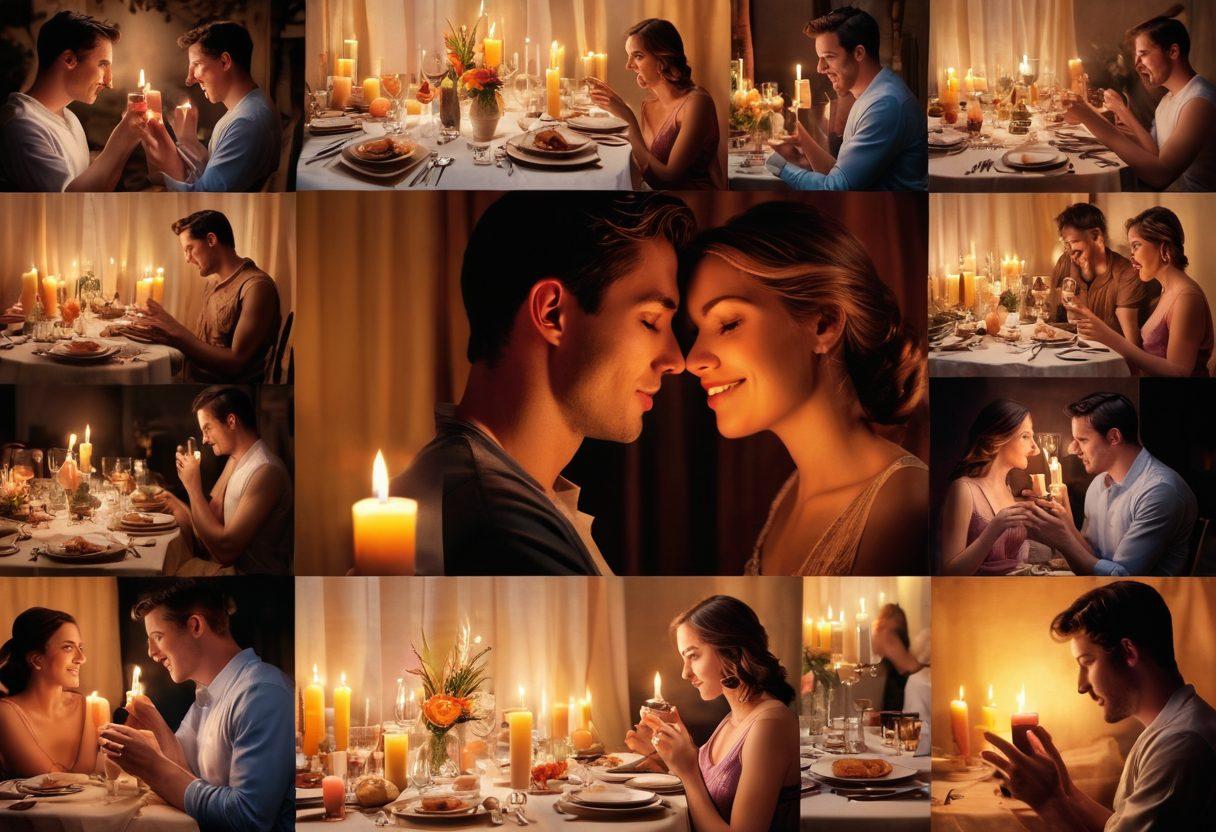 A visually engaging collage reflecting male desire, featuring elements like a romantic candlelit dinner, playful flirty texts, and symbolic imagery of intimacy like intertwined hands. Include diverse male figures showcasing various expressions of emotion, from excitement to vulnerability. The background should subtly blend soft pastel colors representing romance and deeper shades symbolizing exploration. super-realistic. vibrant colors.