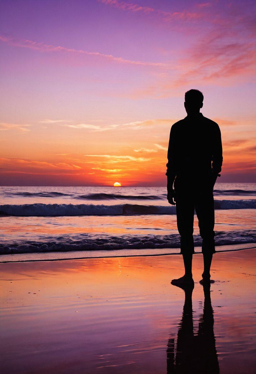 A silhouette of a man standing on a serene beach at sunset, contemplating his relationships and desires. The scene captures warm hues of orange and purple in the sky, with gentle waves lapping at the shore. Subtle imagery of intertwined hands and hearts in the sand, symbolizing connection and intimacy. The atmosphere is reflective and emotional, inviting viewers into his journey. painterly style. vibrant colors. soft focus.